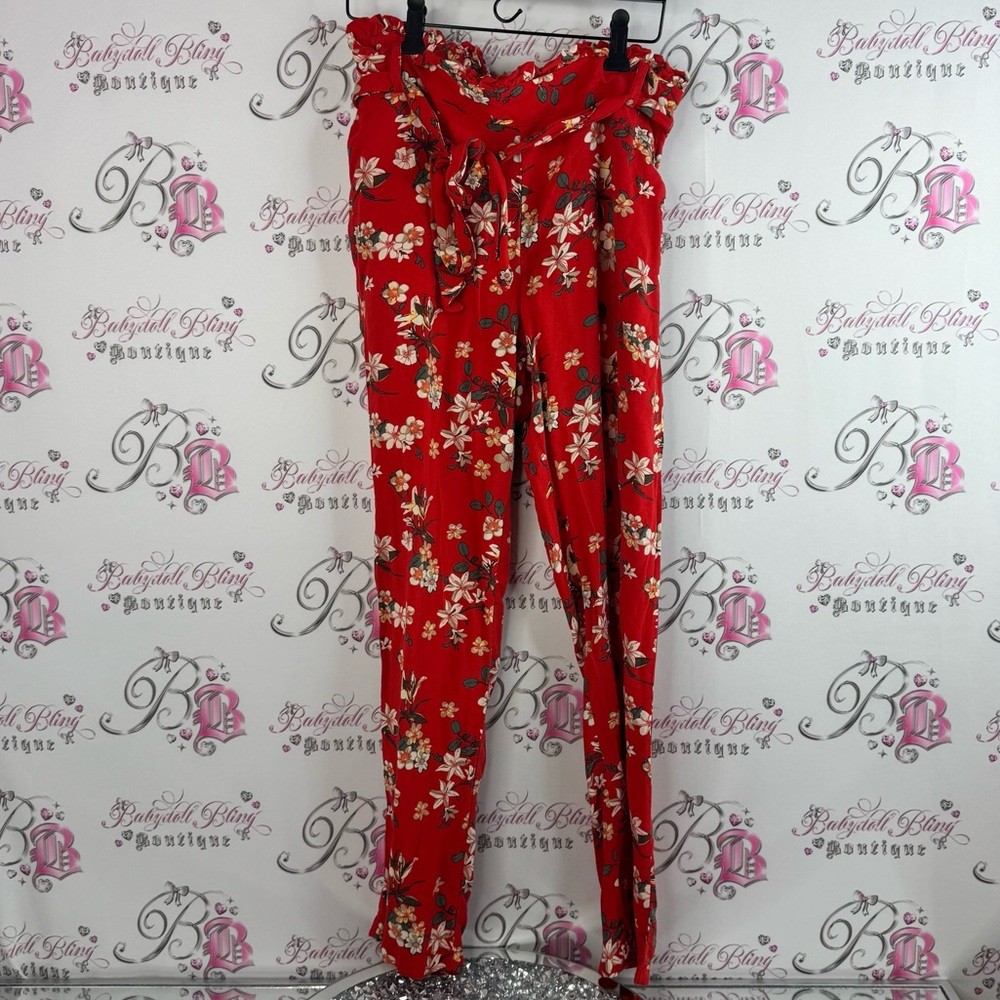 Vero Moda Pants Tie Up Belted Waist Flowers Red And Pink Floral Pants